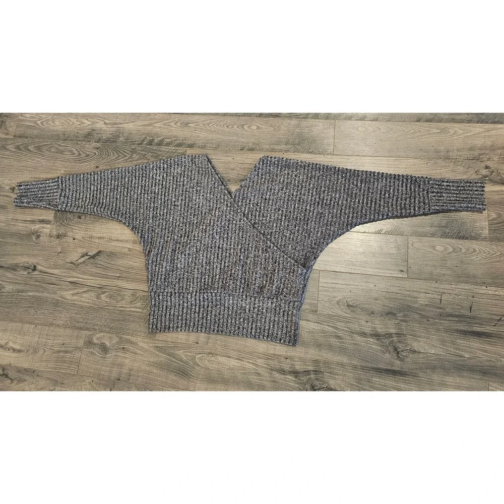 Womens szL EXPRESS Gray Textured Ribbed Deep V Neck Long Sleeve Sweater Top Fall
